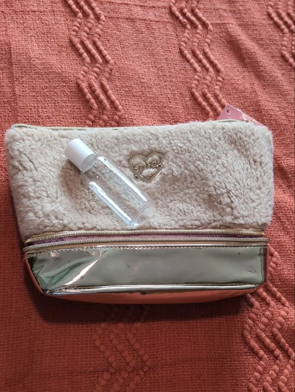 Juicy Couture Faux Fur & Metallic Cosmetic Pouch - Cream and Rose Gold